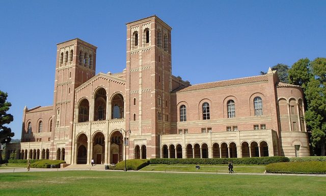 Royce Hall and its lawn on the UCLA campus in Westwood on a clear day