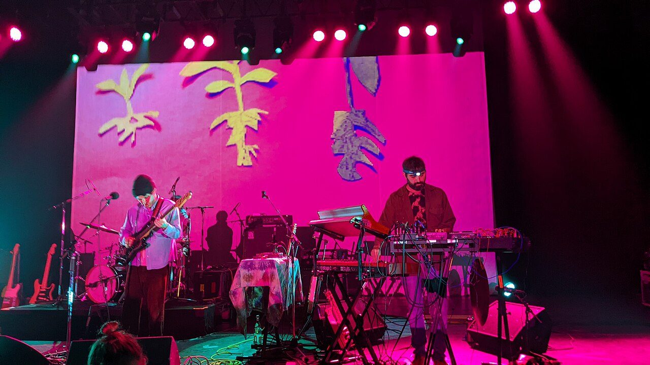 Animal Collective members Avey Tare and Geologist on stage at the Vic Theatre in Chicago in 2022