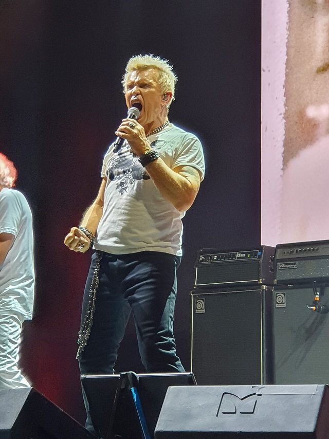Billy Idol singing into a microphone on stage in a white T-shirt