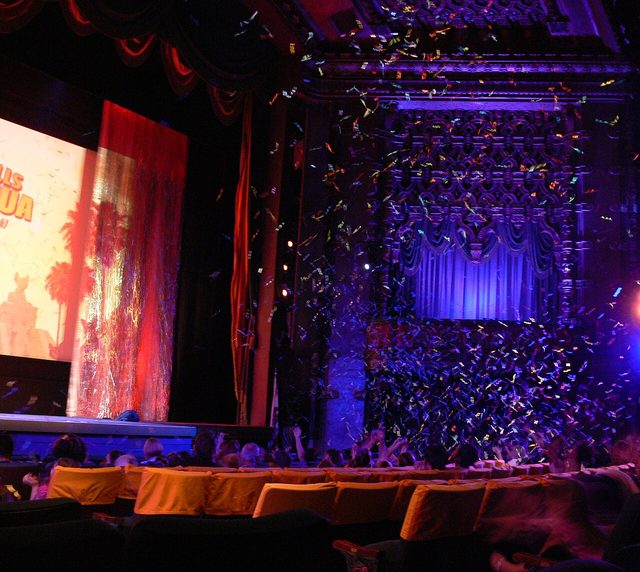 Confetti falls over the audience inside the El Capitan Theatre on Hollywood Boulevard in 2008