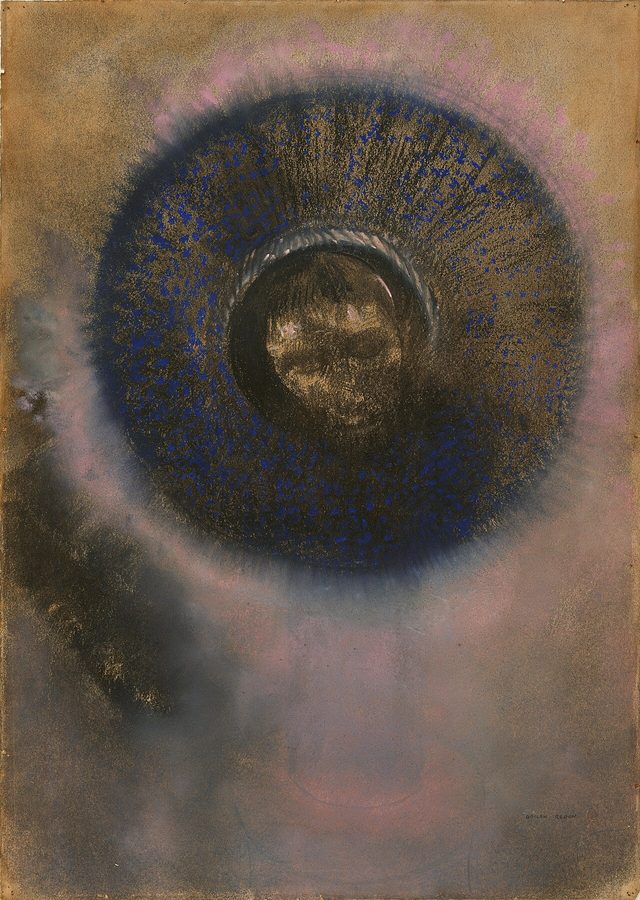 Odilon Redon’s charcoal and pastel drawing Head within an Aureole, a shadowed head inside a ring of light